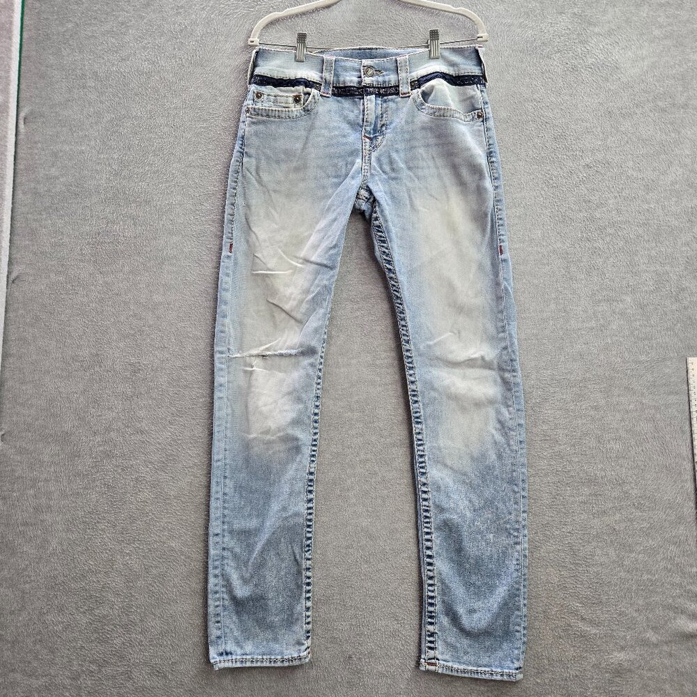 True Religion Men Jeans 30 Blue Denim Geno Relaxed Slim Light Wash 32" Inseam